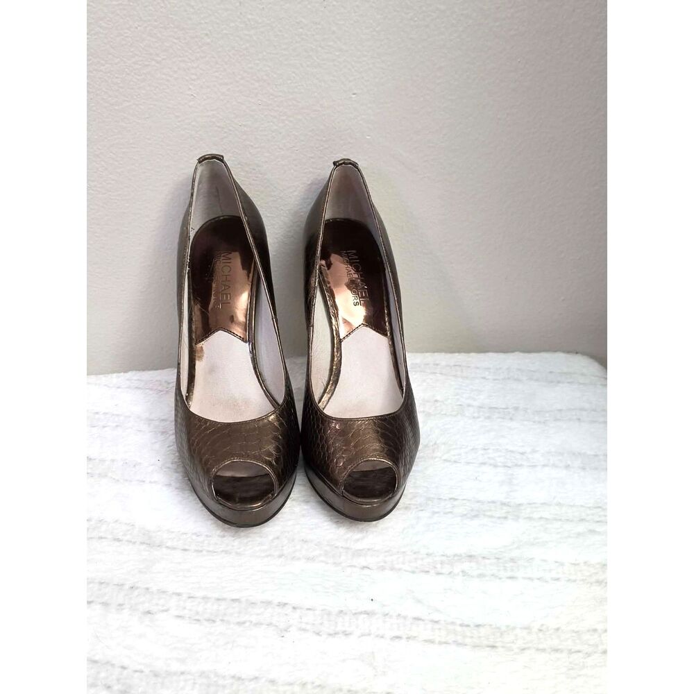 Michael Kors Bronze Metallic Reptile/Snakeskin Peep-Toe Platform Pumps